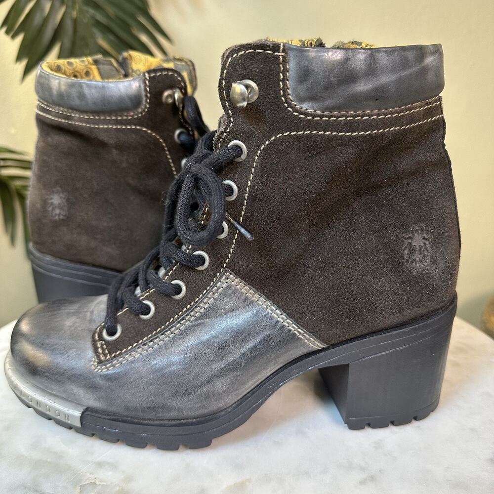 Fly London Booties Women 38 (7.5-8 US) Ankle Chunky 2" heel distressed look